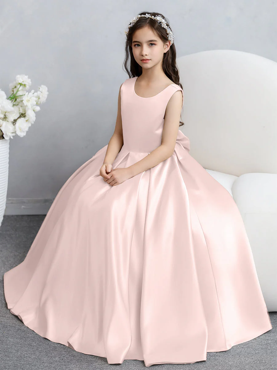 Crew Neck Satin Flower Girl Dresses with Bowknot - Image 28