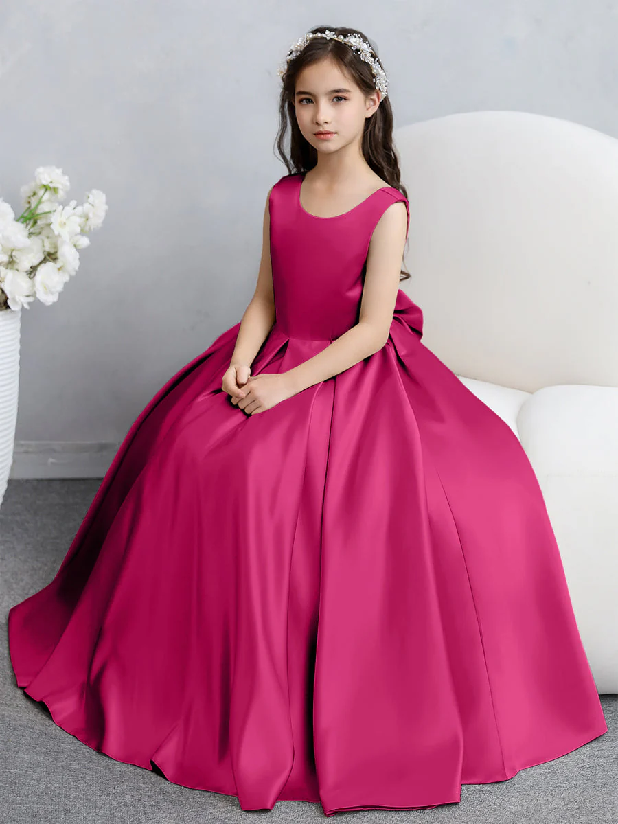 Crew Neck Satin Flower Girl Dresses with Bowknot - Image 34