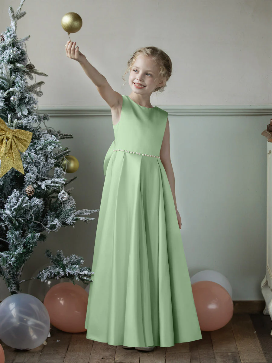 Crew Neck Satin Flower Girl Dresses with Pearls & Bowknot - Image 11