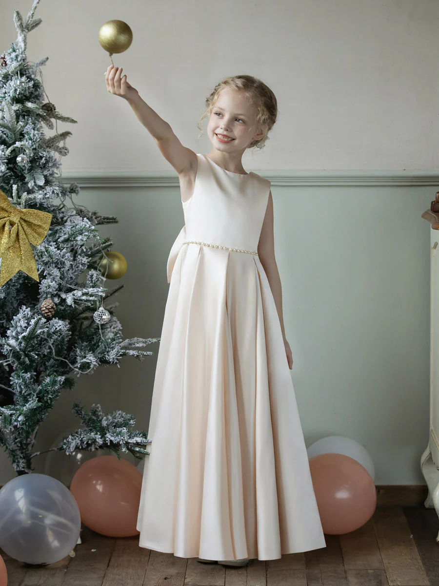 Crew Neck Satin Flower Girl Dresses with Pearls & Bowknot - Image 2