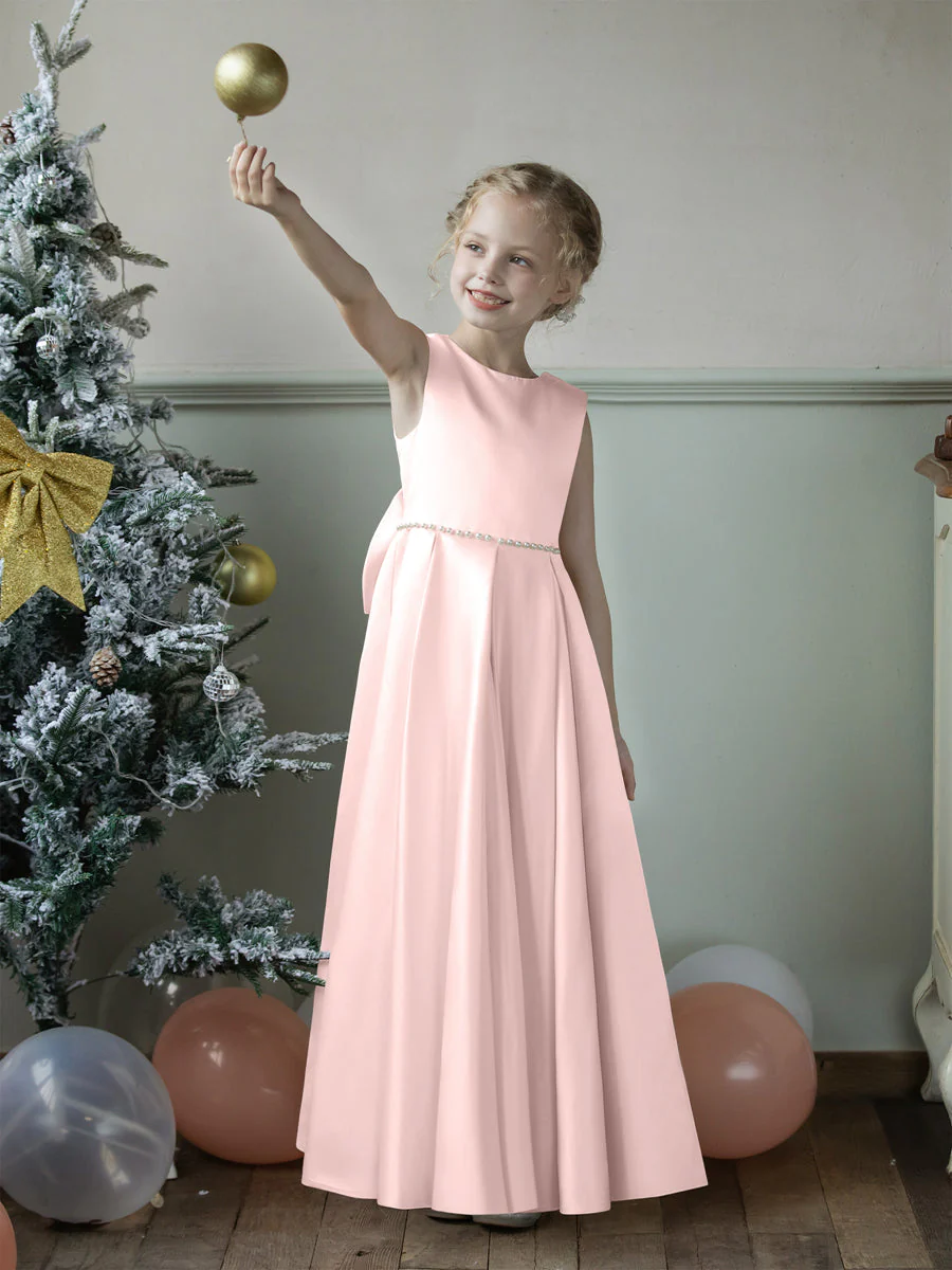 Crew Neck Satin Flower Girl Dresses with Pearls & Bowknot - Image 28
