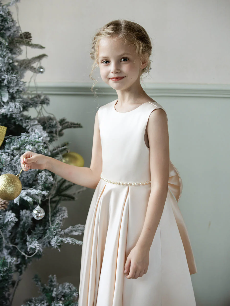 Crew Neck Satin Flower Girl Dresses with Pearls & Bowknot - Image 3