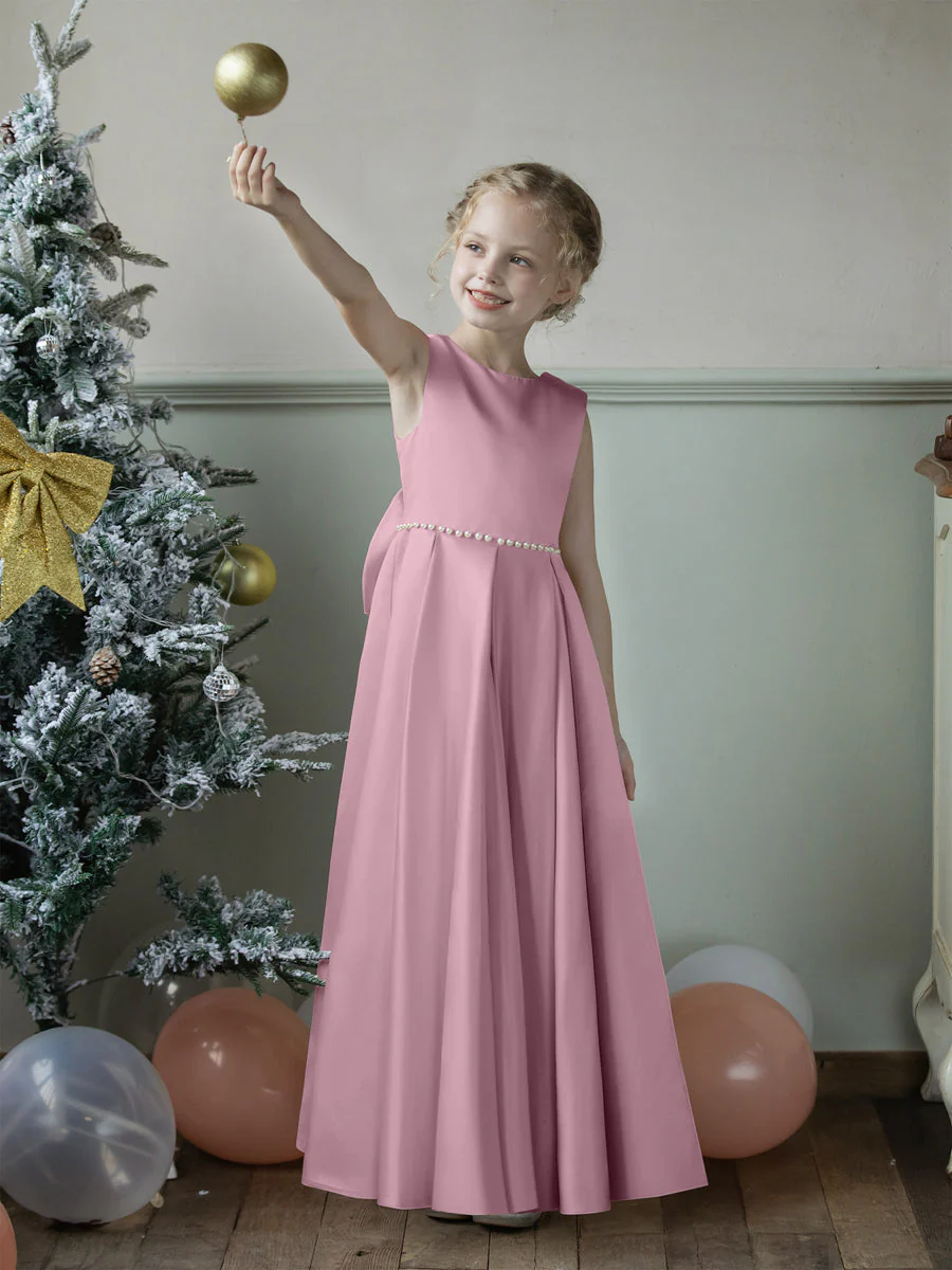 Crew Neck Satin Flower Girl Dresses with Pearls & Bowknot - Image 30
