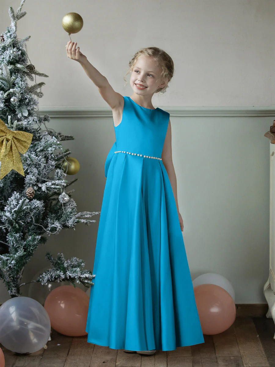 Crew Neck Satin Flower Girl Dresses with Pearls & Bowknot - Image 51