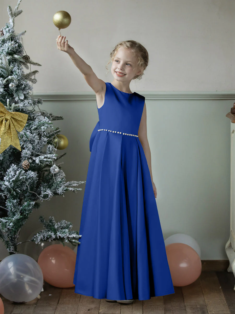 Crew Neck Satin Flower Girl Dresses with Pearls & Bowknot - Image 54