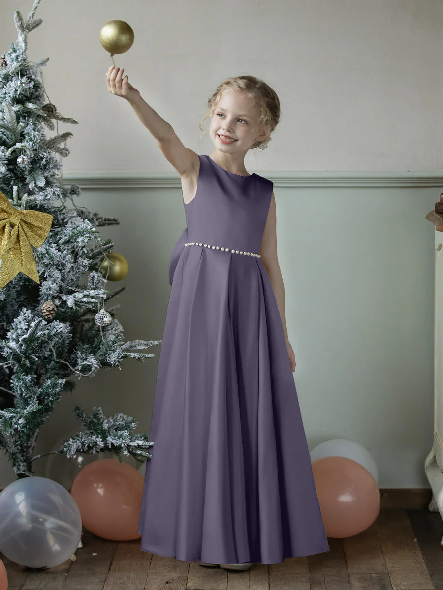Crew Neck Satin Flower Girl Dresses with Pearls & Bowknot - Image 56