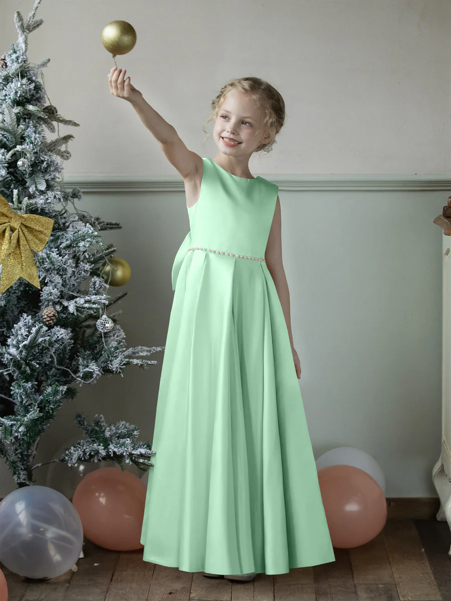 Crew Neck Satin Flower Girl Dresses with Pearls & Bowknot - Image 59