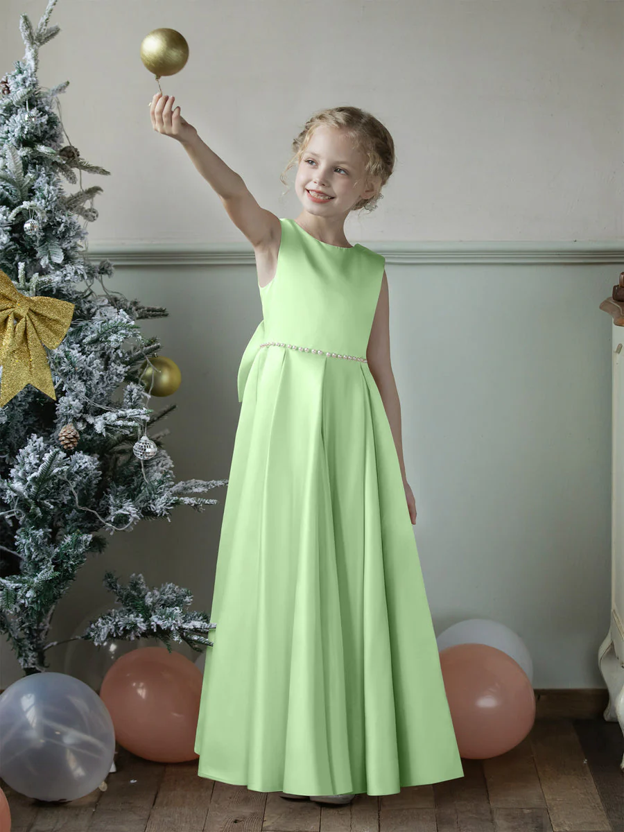 Crew Neck Satin Flower Girl Dresses with Pearls & Bowknot - Image 60