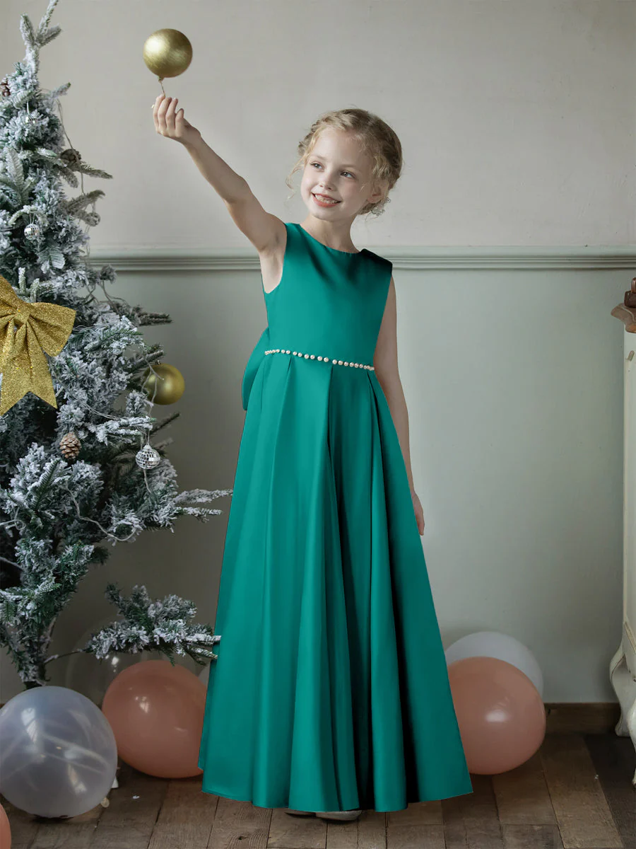 Crew Neck Satin Flower Girl Dresses with Pearls & Bowknot - Image 65