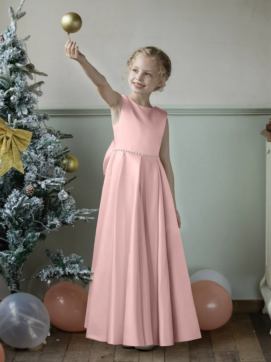Crew Neck Satin Flower Girl Dresses with Pearls & Bowknot - Image 8
