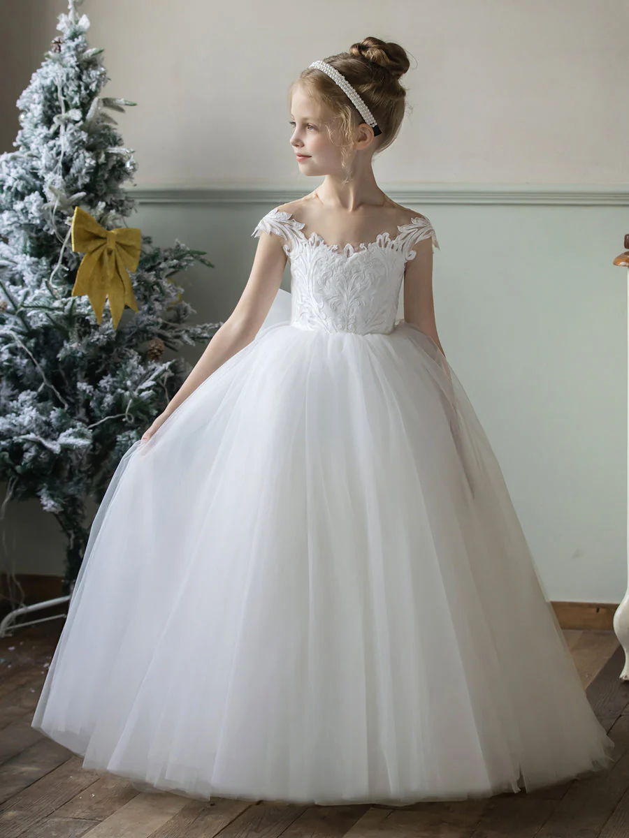 Crew Neck Tulle Flower Girl Dresses with Applique & Bowknot - Image 3