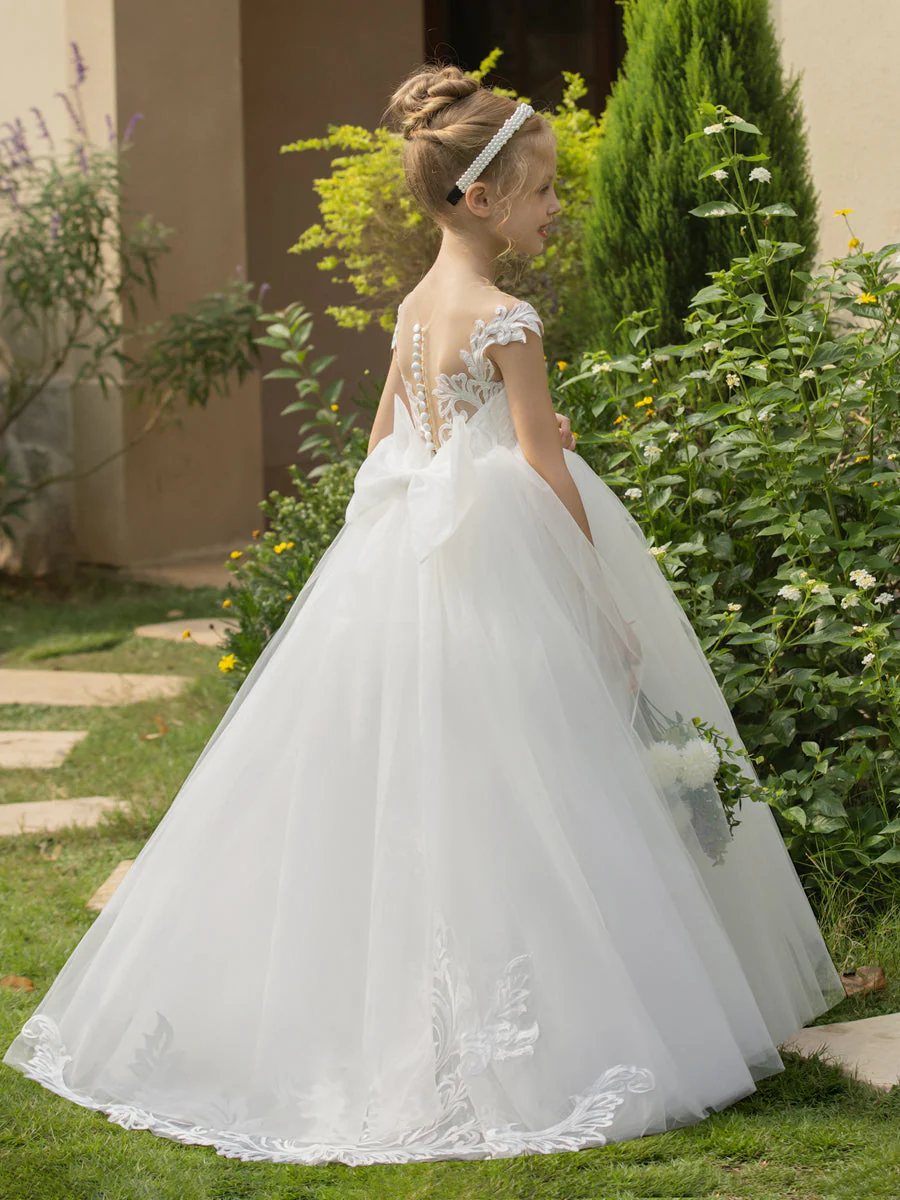 Crew Neck Tulle Flower Girl Dresses with Applique & Bowknot - Image 6