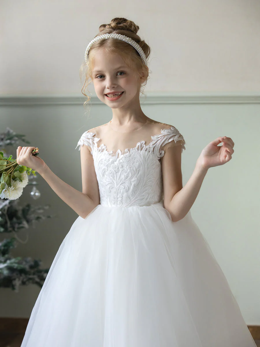 Crew Neck Tulle Flower Girl Dresses with Applique & Bowknot - Image 7