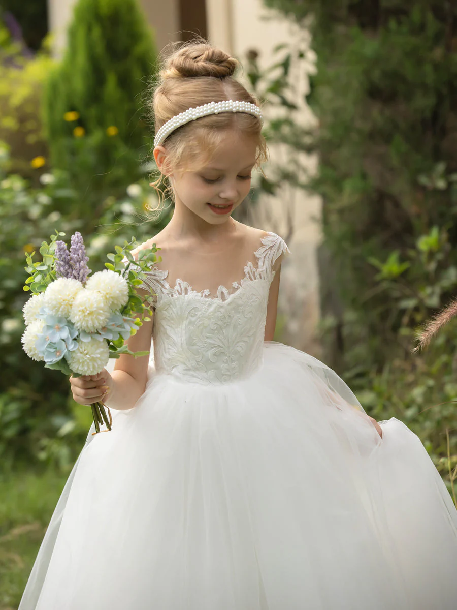 Crew Neck Tulle Flower Girl Dresses with Applique & Bowknot - Image 8