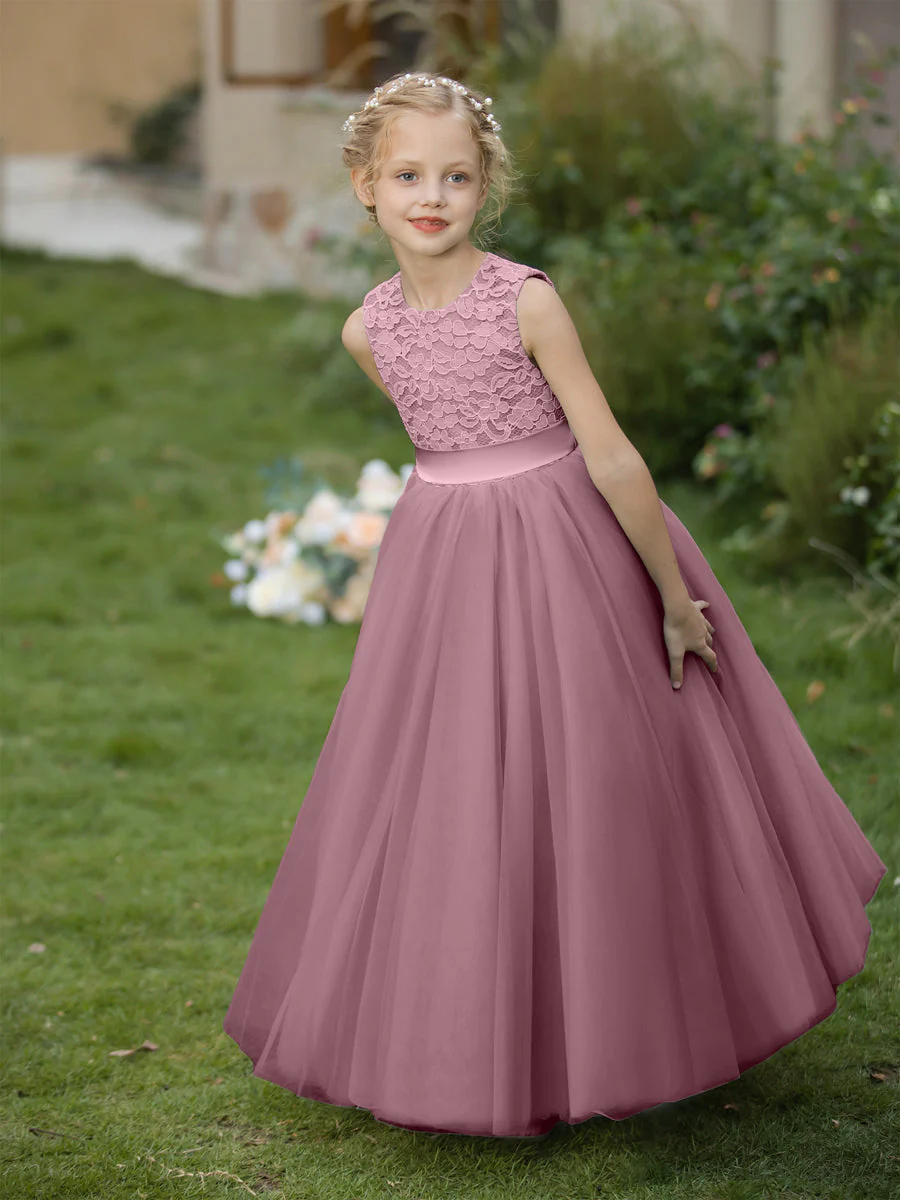 Crew Neck Tulle Flower Girl Dresses with Applique & Sash - Image 33