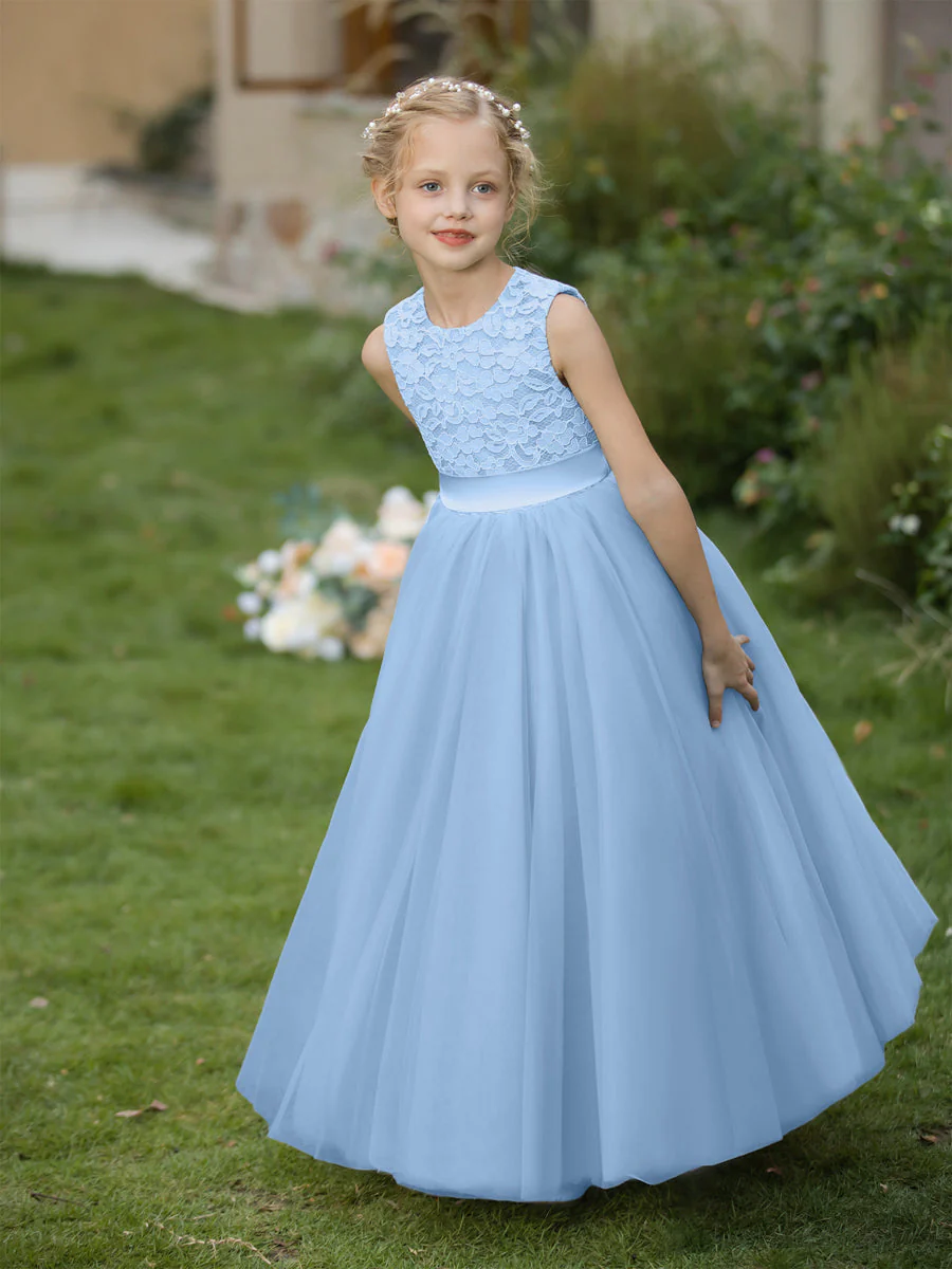 Crew Neck Tulle Flower Girl Dresses with Applique & Sash - Image 52
