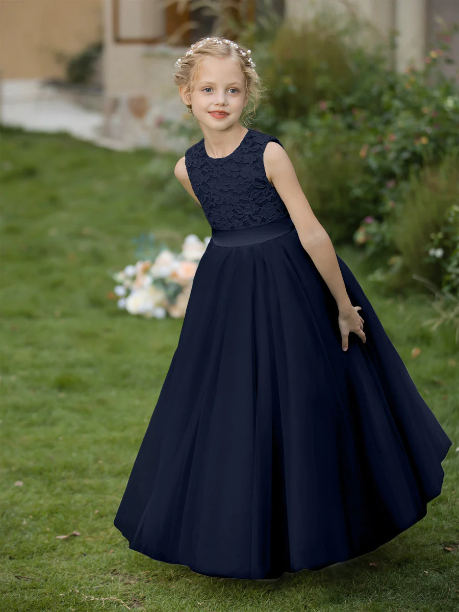Crew Neck Tulle Flower Girl Dresses with Applique & Sash - Image 61