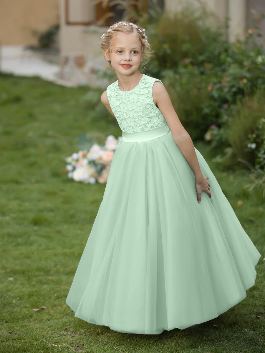 Crew Neck Tulle Flower Girl Dresses with Applique & Sash - Image 62