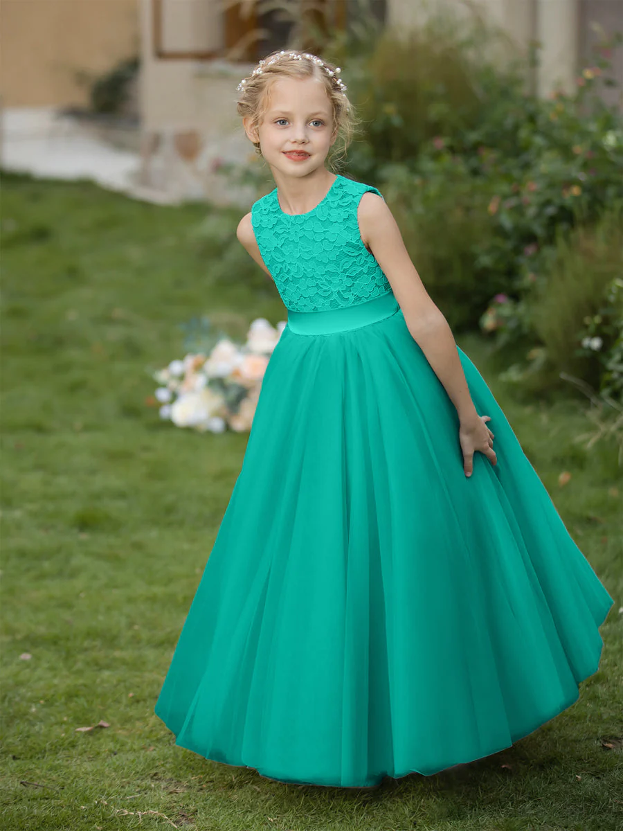 Crew Neck Tulle Flower Girl Dresses with Applique & Sash - Image 65