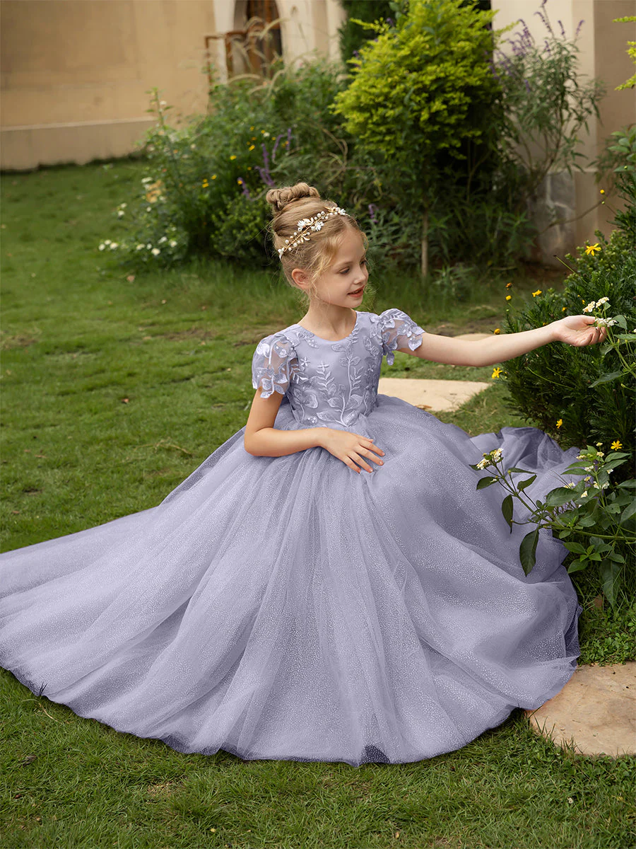 Crew Neck Tulle Flower Girl Dresses with Applique & Satin Bowknot - Image 17