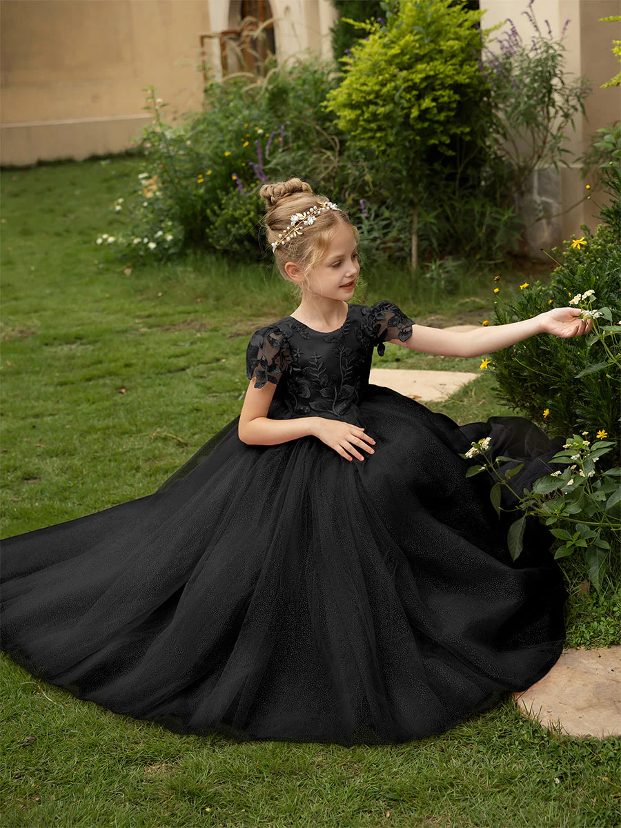 Crew Neck Tulle Flower Girl Dresses with Applique & Satin Bowknot - Image 21