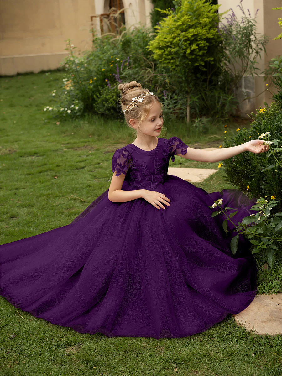Crew Neck Tulle Flower Girl Dresses with Applique & Satin Bowknot - Image 48