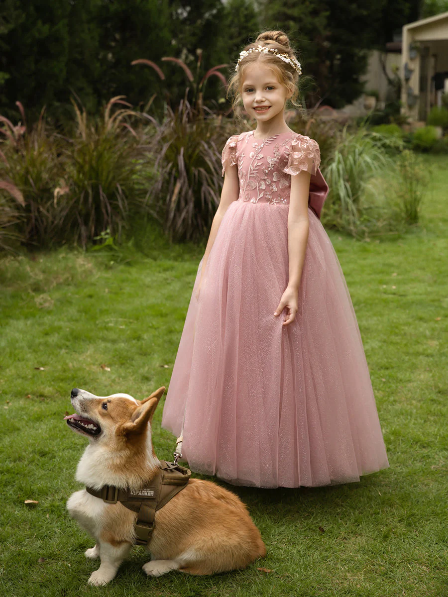 Crew Neck Tulle Flower Girl Dresses with Applique & Satin Bowknot - Image 5