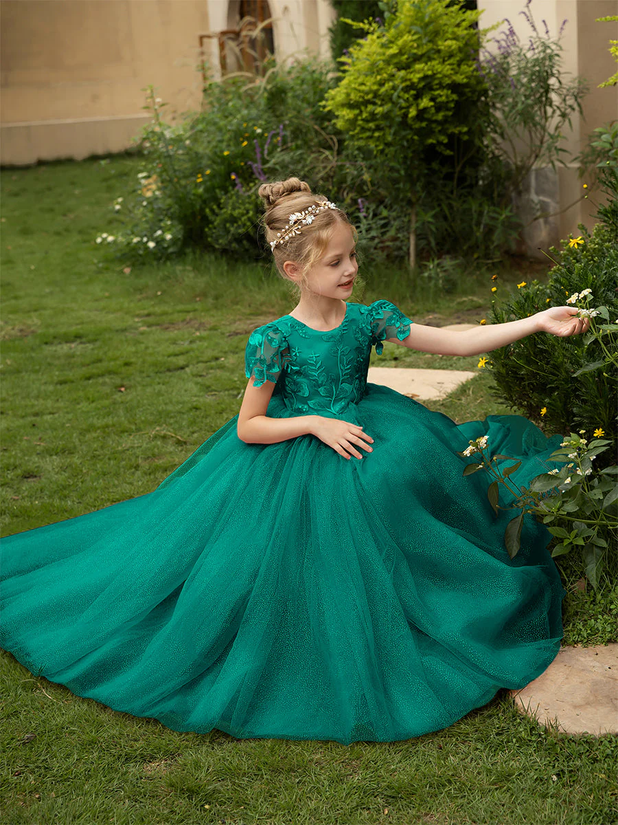 Crew Neck Tulle Flower Girl Dresses with Applique & Satin Bowknot - Image 68