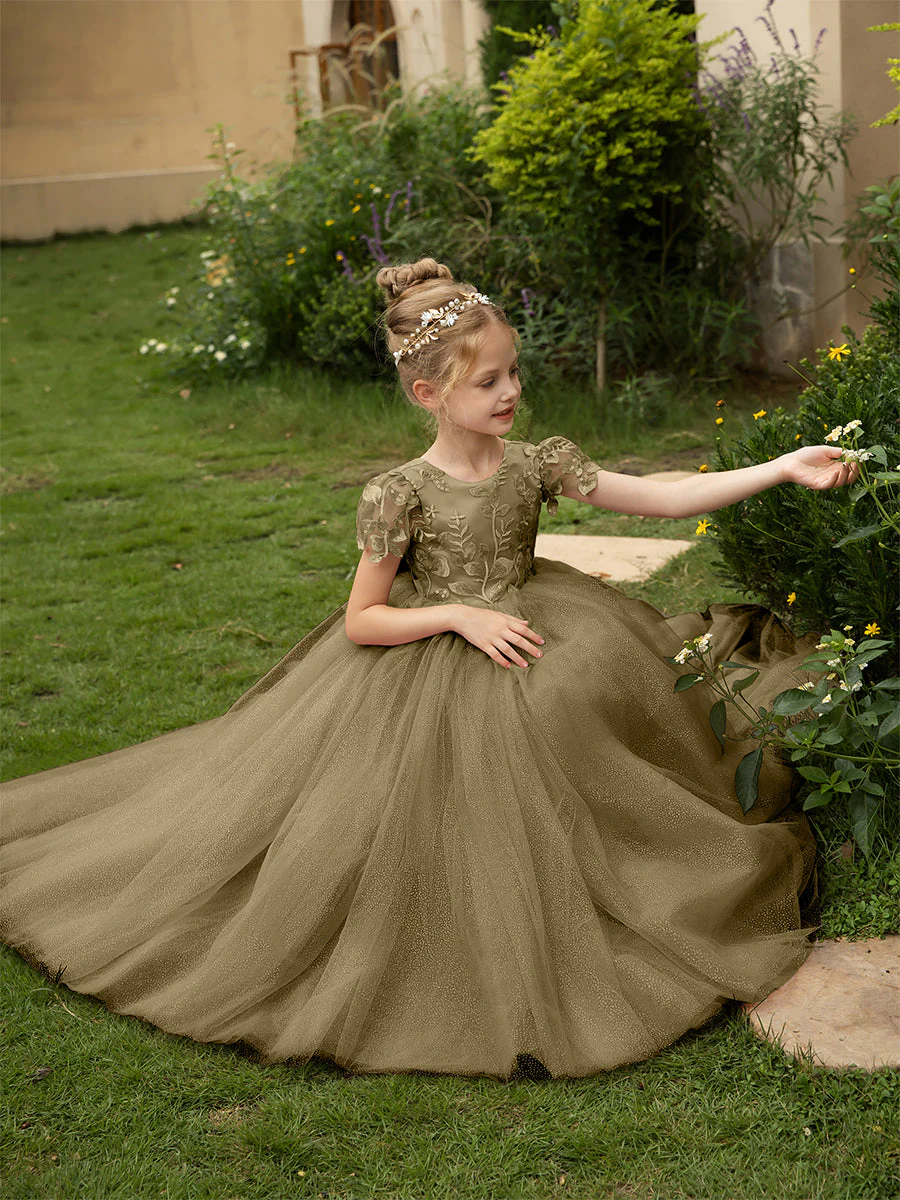 Crew Neck Tulle Flower Girl Dresses with Applique & Satin Bowknot - Image 75