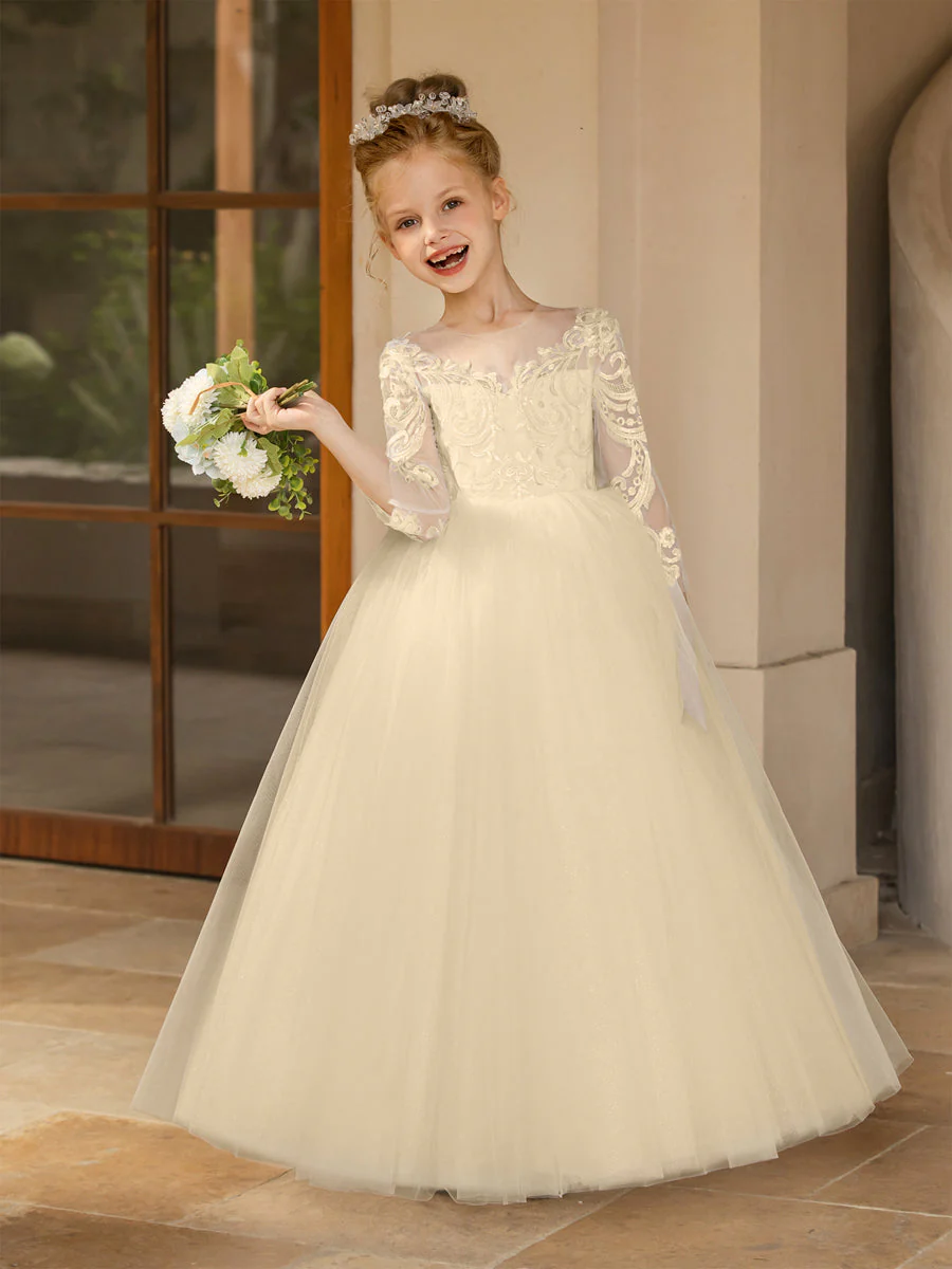 Crew Neck Tulle Flower Girl Dresses with Applique & Satin Bowknot - Image 25