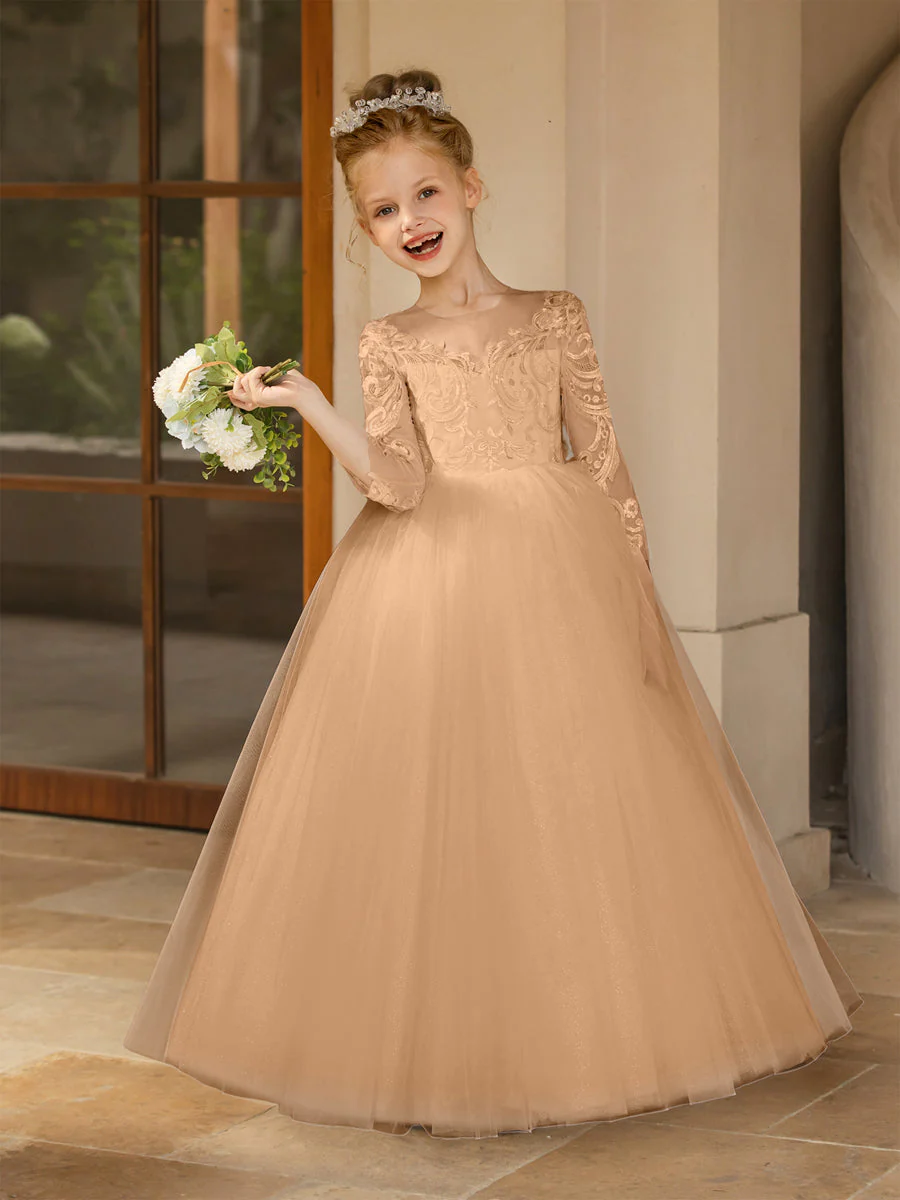 Crew Neck Tulle Flower Girl Dresses with Applique & Satin Bowknot - Image 31
