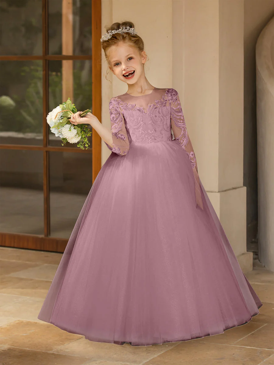 Crew Neck Tulle Flower Girl Dresses with Applique & Satin Bowknot - Image 33