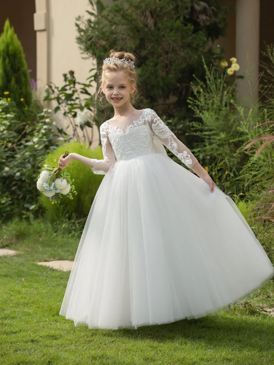 Crew Neck Tulle Flower Girl Dresses with Applique & Satin Bowknot - Image 5