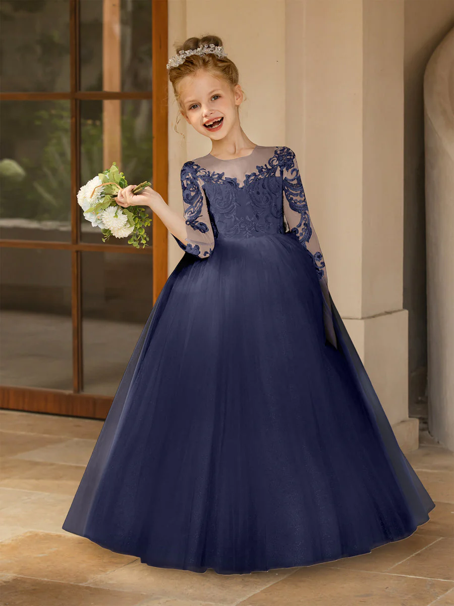 Crew Neck Tulle Flower Girl Dresses with Applique & Satin Bowknot - Image 59