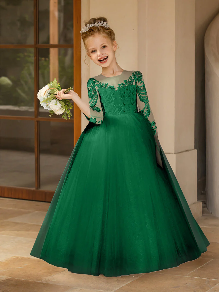 Crew Neck Tulle Flower Girl Dresses with Applique & Satin Bowknot - Image 66