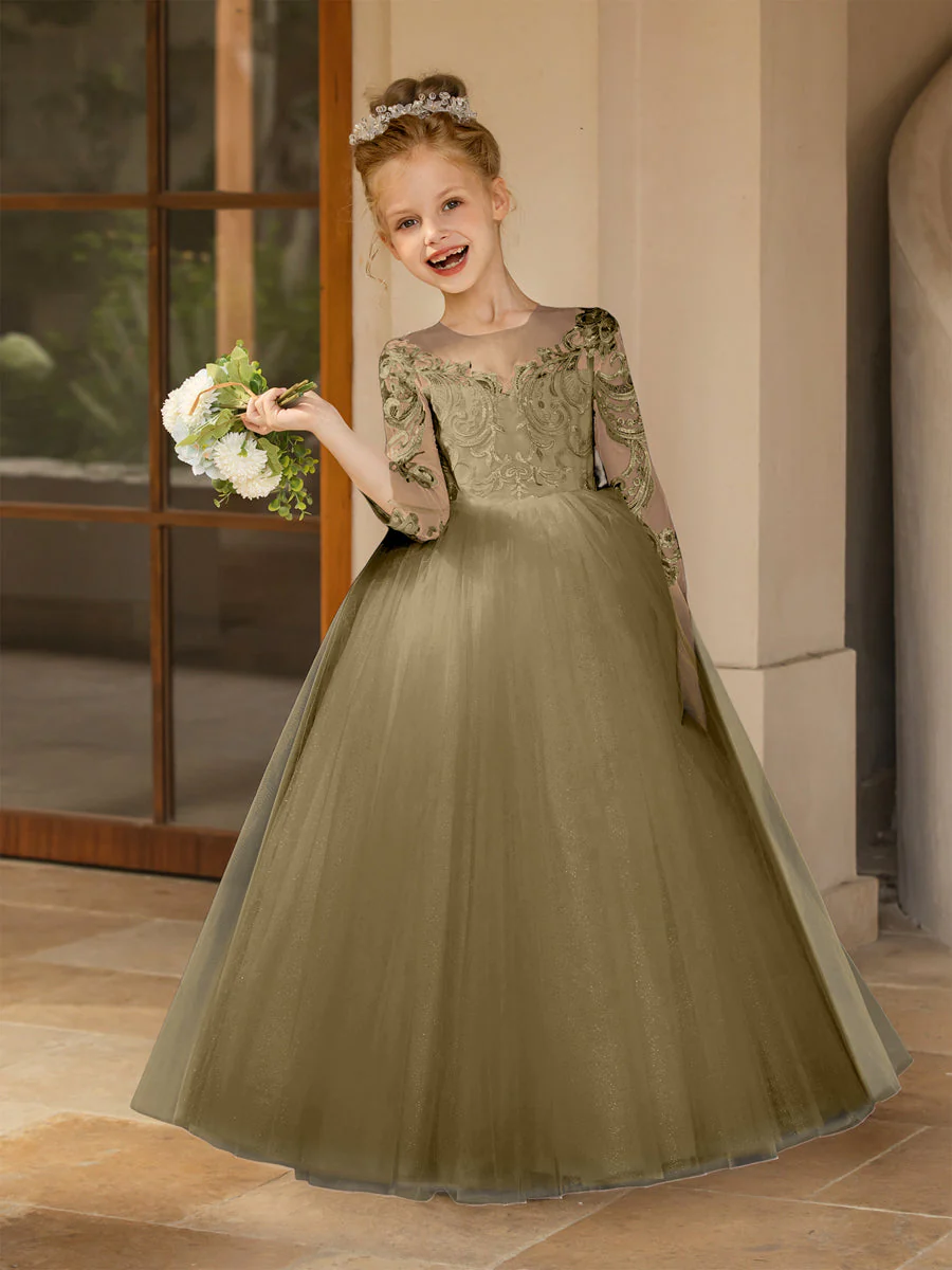 Crew Neck Tulle Flower Girl Dresses with Applique & Satin Bowknot - Image 75