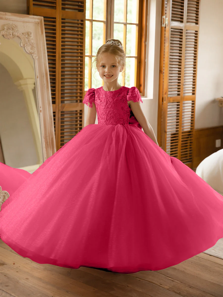 Crew Neck Tulle Flower Girl Dresses with Applique & Satin Bowknot - Image 35