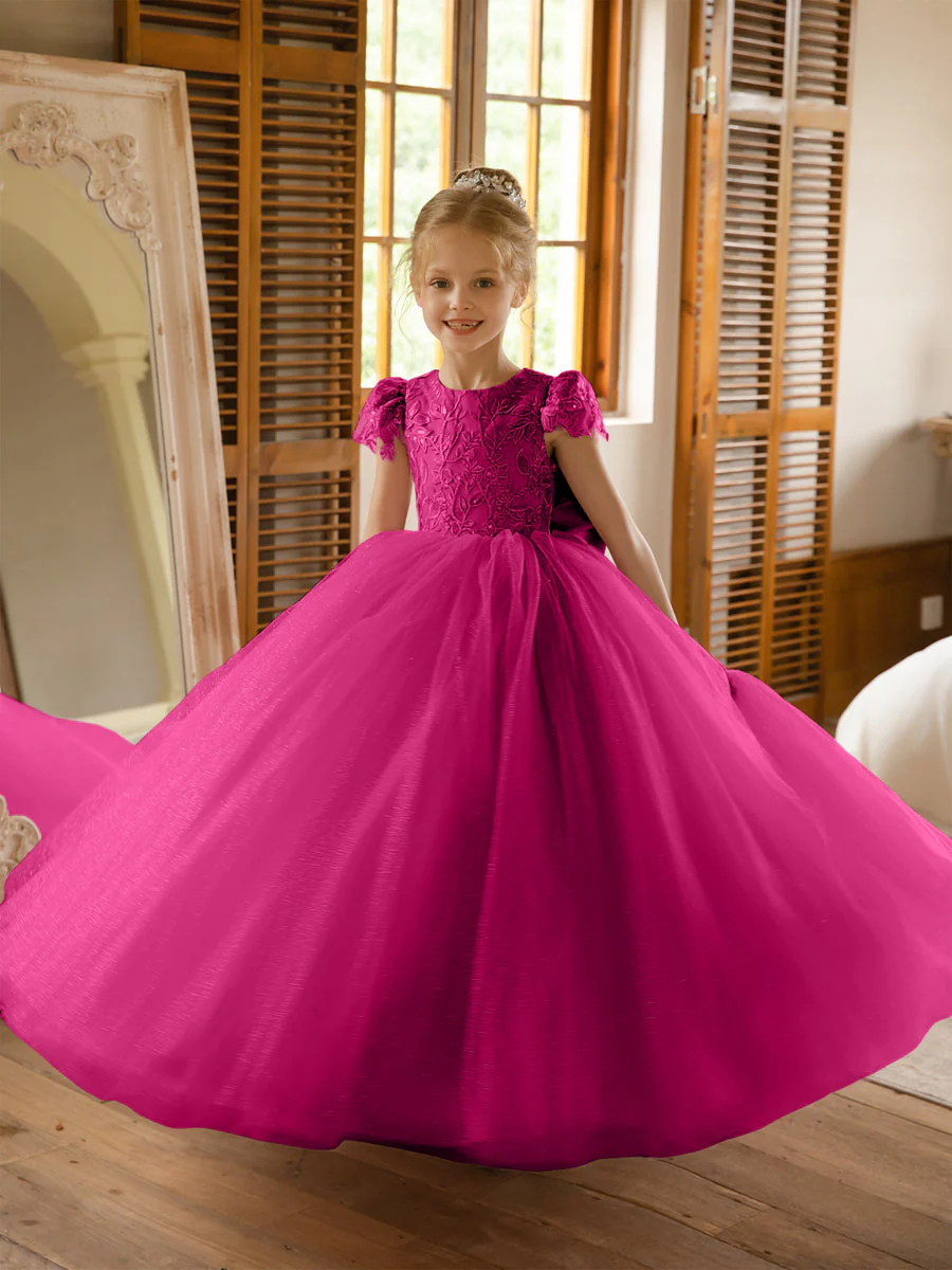 Crew Neck Tulle Flower Girl Dresses with Applique & Satin Bowknot - Image 36