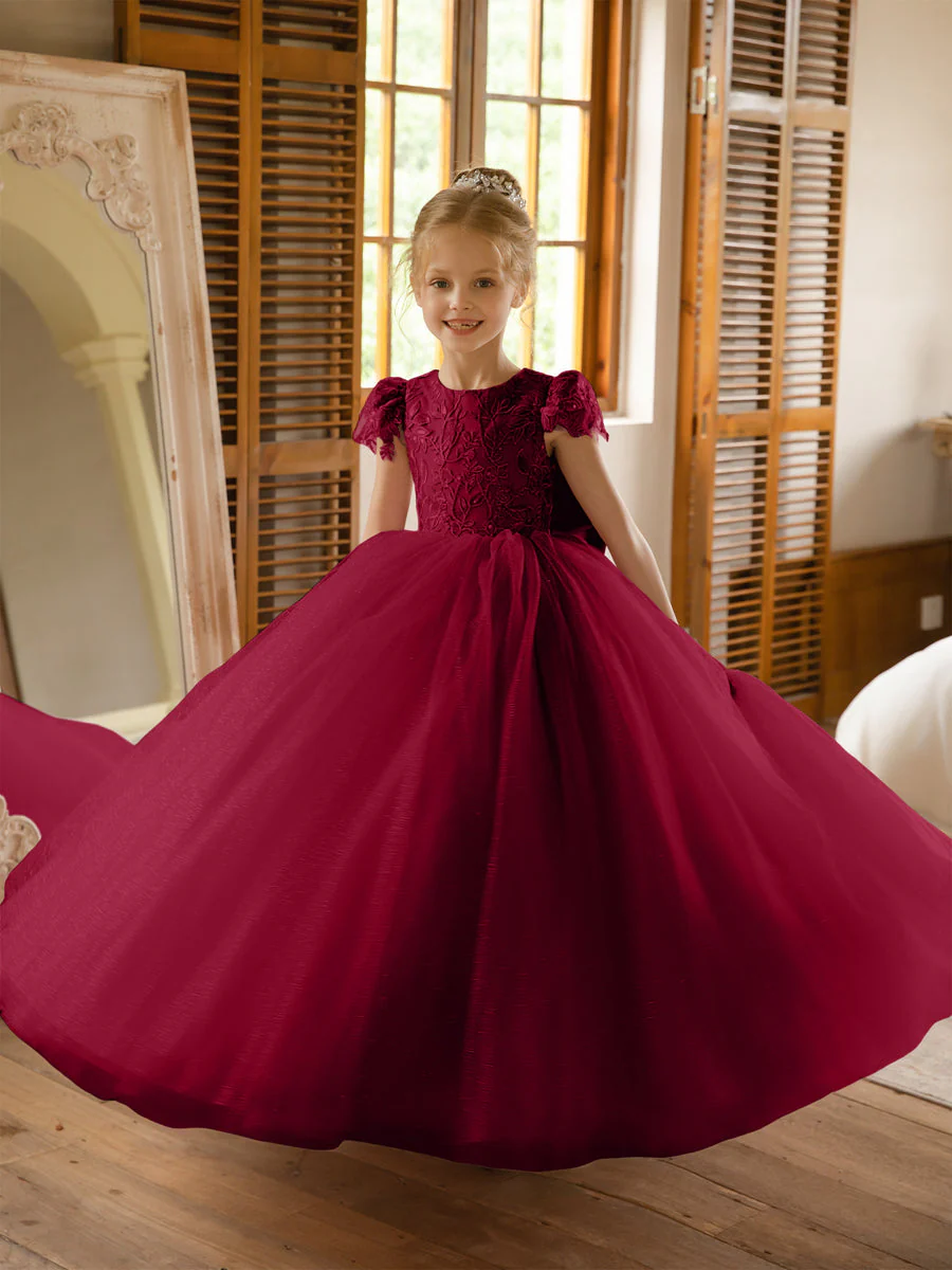Crew Neck Tulle Flower Girl Dresses with Applique & Satin Bowknot - Image 39