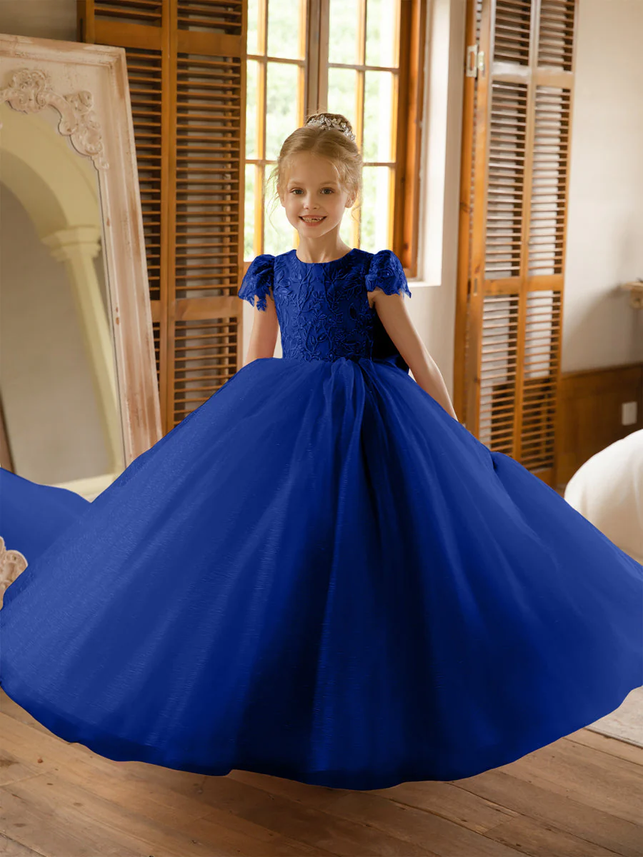 Crew Neck Tulle Flower Girl Dresses with Applique & Satin Bowknot - Image 57