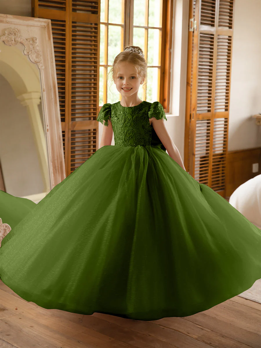 Crew Neck Tulle Flower Girl Dresses with Applique & Satin Bowknot - Image 66