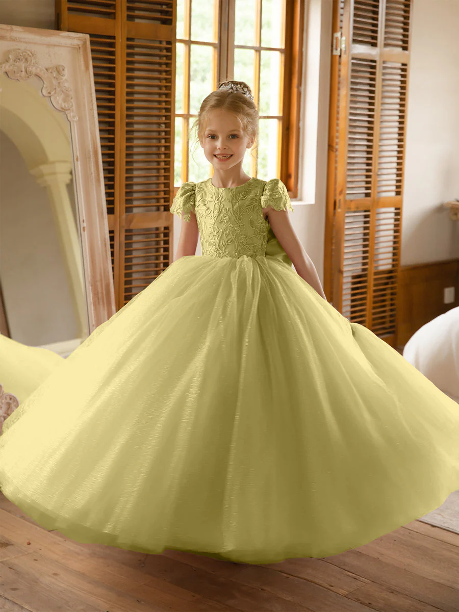 Crew Neck Tulle Flower Girl Dresses with Applique & Satin Bowknot - Image 69