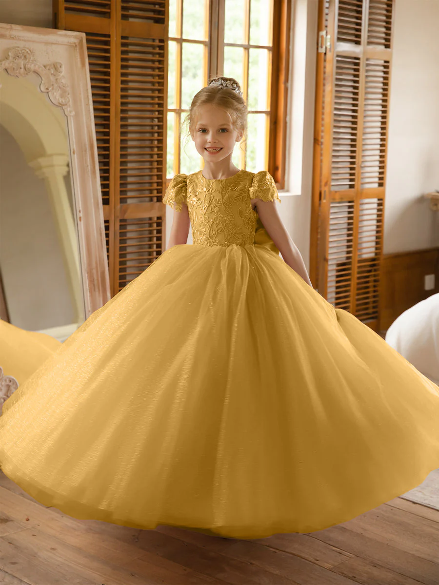 Crew Neck Tulle Flower Girl Dresses with Applique & Satin Bowknot - Image 71