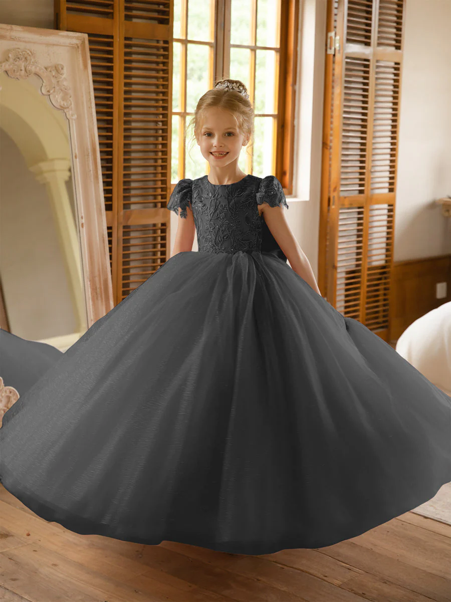 Crew Neck Tulle Flower Girl Dresses with Applique & Satin Bowknot - Image 76
