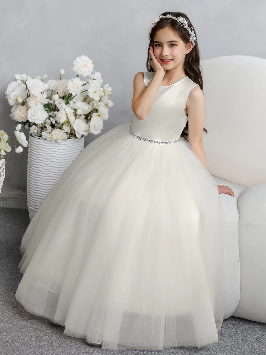 Crew Neck Tulle Flower Girl Dresses with Bowknot & Beading Waist - Image 62