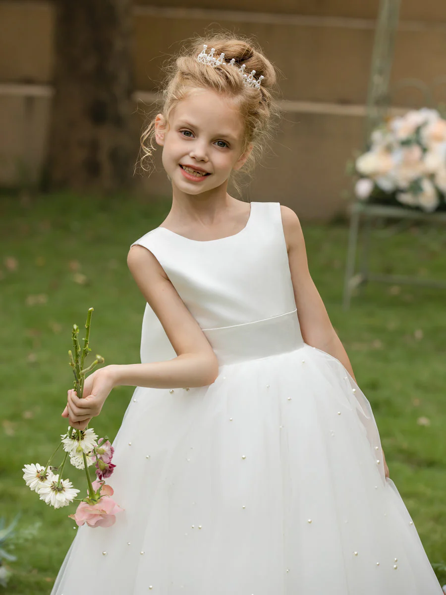 Crew Neck Tulle Flower Girl Dresses with Pearls & Satin Bowknot - Image 7