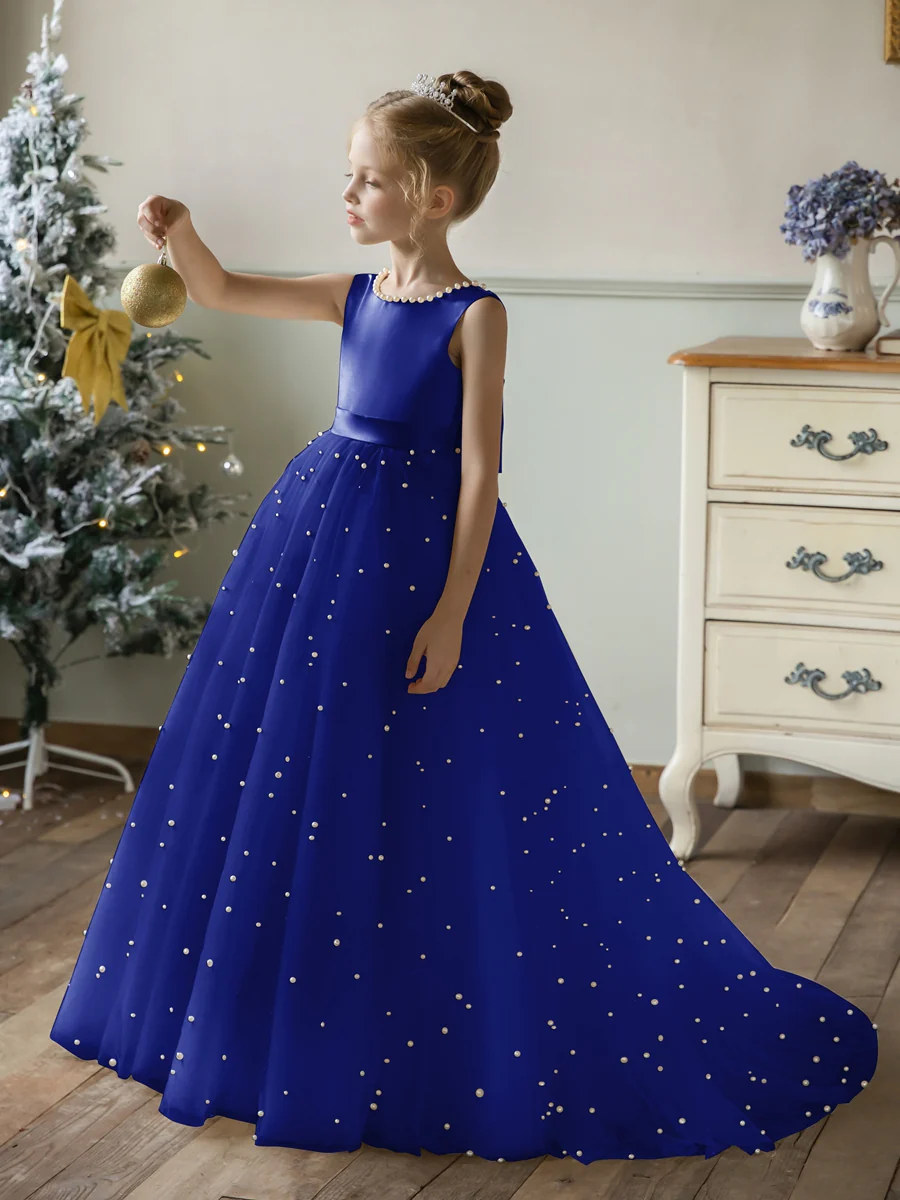 Crew Neck Tulle Flower Girl Dresses with Pearls & Satin Bowknot - Image 17
