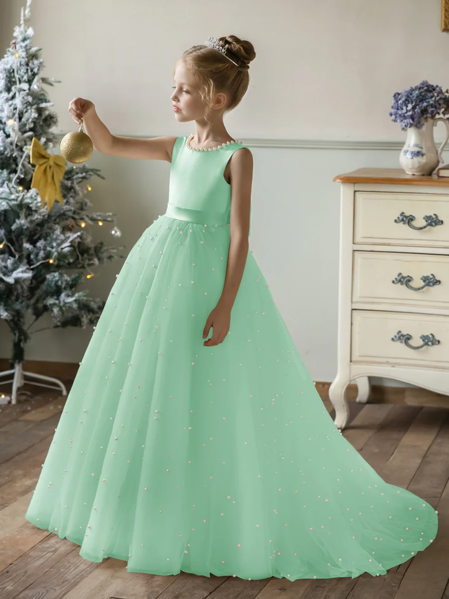 Crew Neck Tulle Flower Girl Dresses with Pearls & Satin Bowknot - Image 34