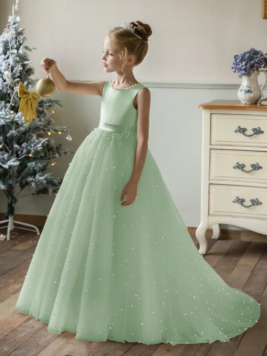 Crew Neck Tulle Flower Girl Dresses with Pearls & Satin Bowknot - Image 49