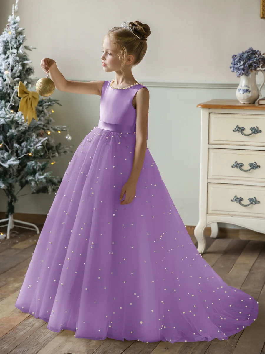 Crew Neck Tulle Flower Girl Dresses with Pearls & Satin Bowknot - Image 60